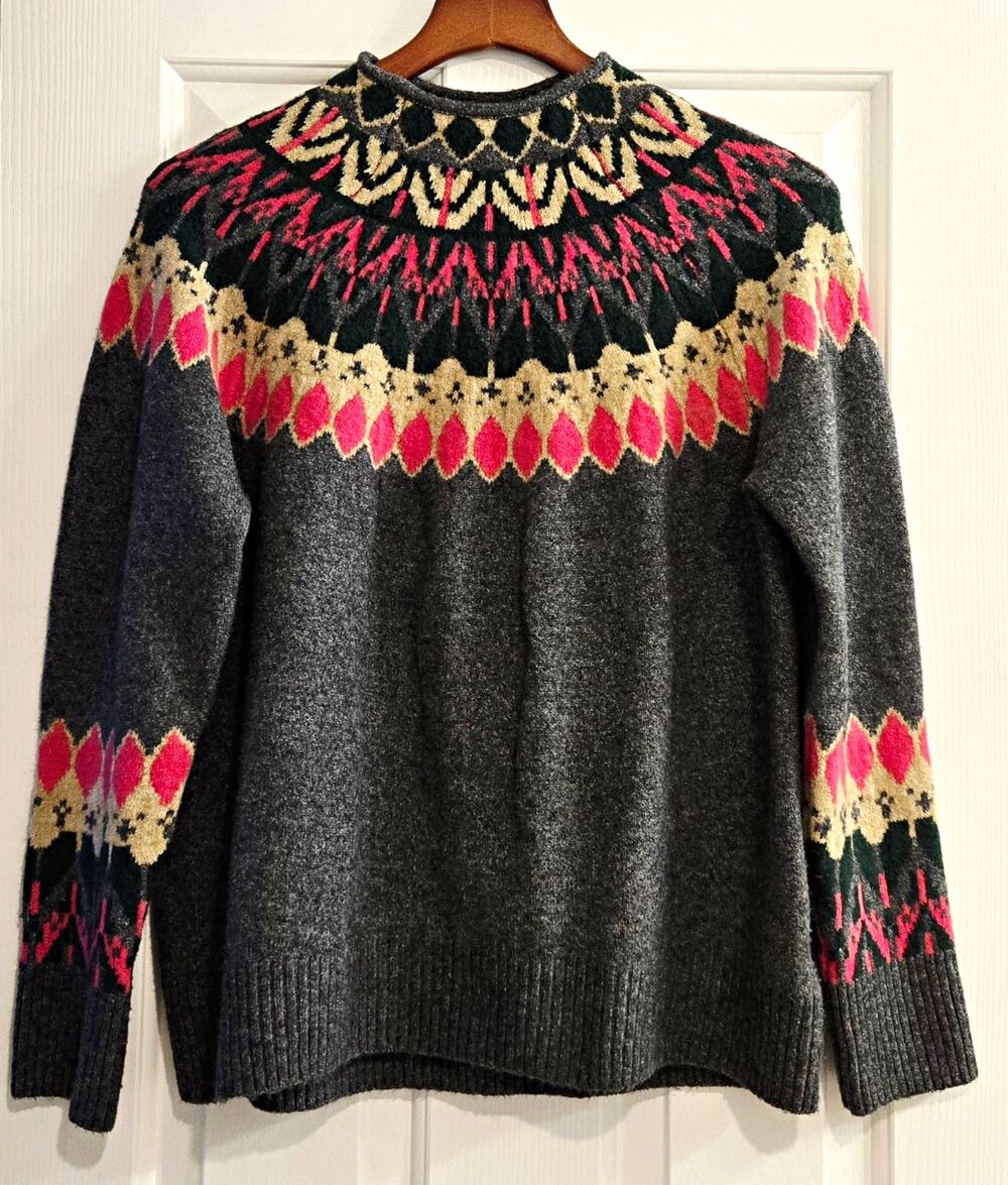 Vince Camuto Fair Isle Knit Sweater Medium Gray Green Pink Cream / Beige Nordic